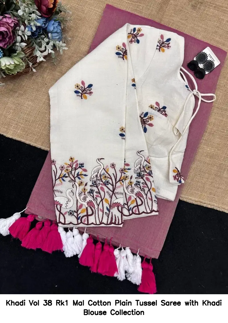 Khadi Vol 38 Rk1 Mal Cotton Plain Tussel Saree with Khadi Blouse Collection - Image 7