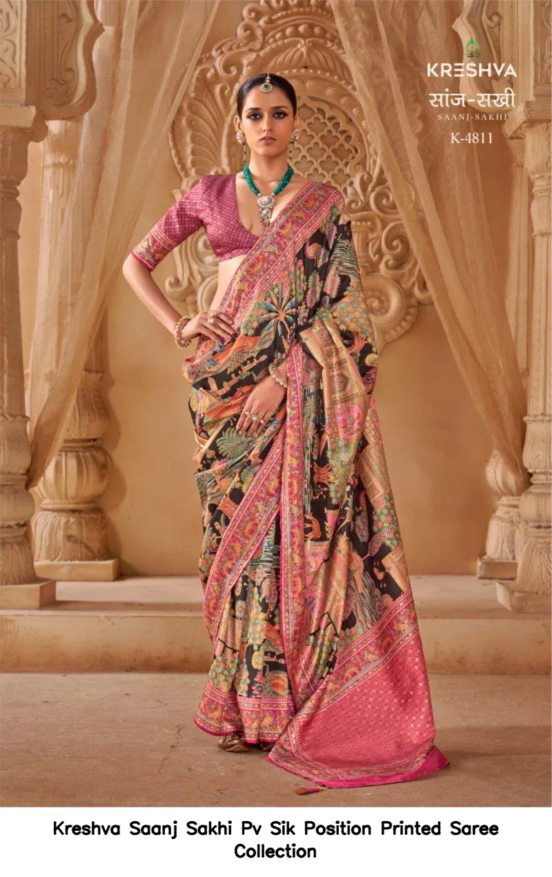 Kreshva Saanj Sakhi Pv Sik Position Printed Saree Collection - Image 11