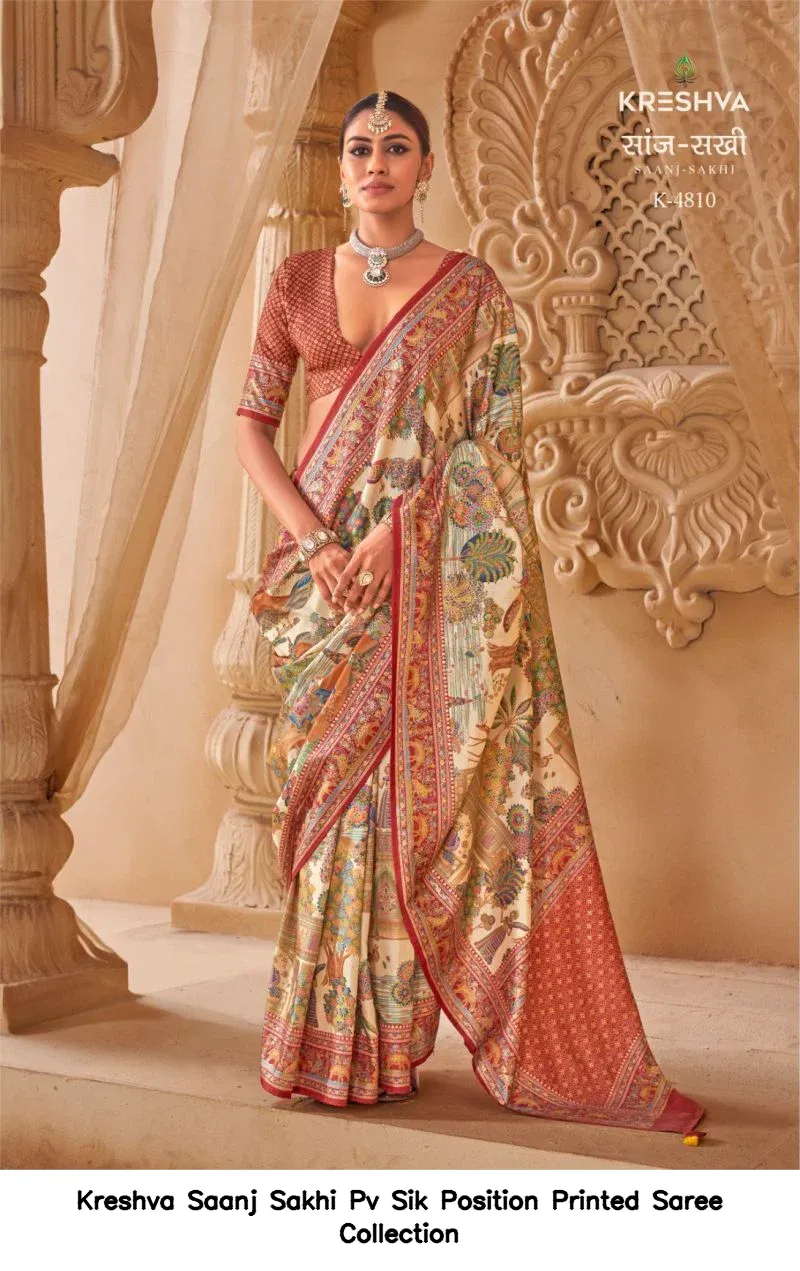 Kreshva Saanj Sakhi Pv Sik Position Printed Saree Collection - Image 7
