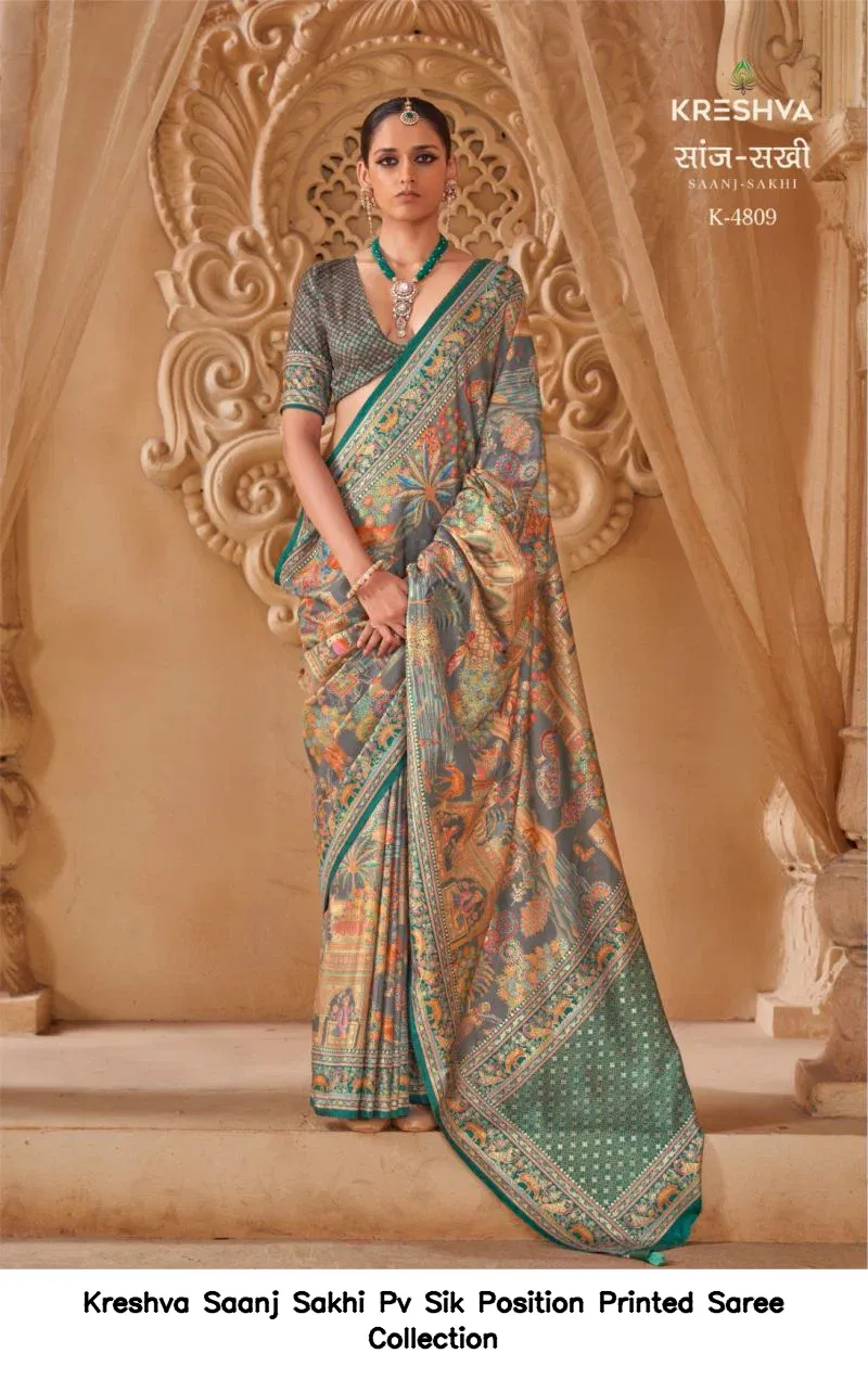 Kreshva Saanj Sakhi Pv Sik Position Printed Saree Collection - Image 9