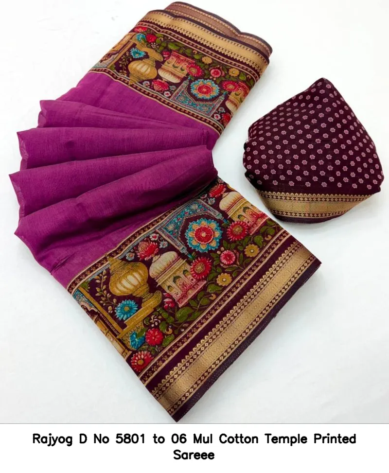 Rajyog D No 5801 to 06 Mul Cotton Temple Printed Sareee - Image 10
