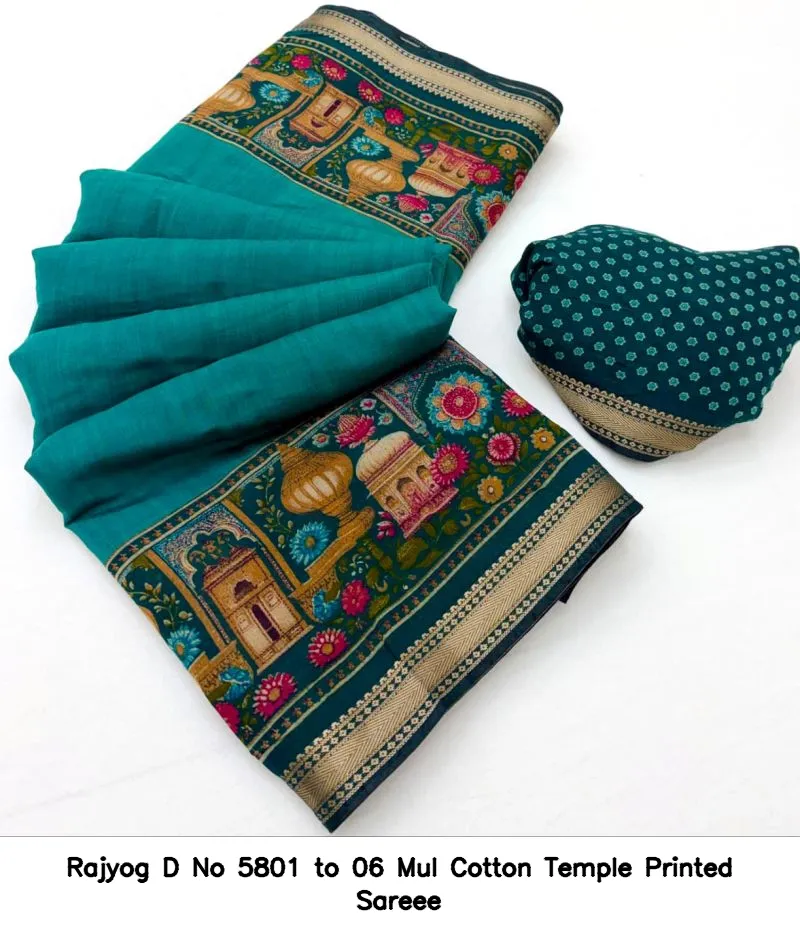 Rajyog D No 5801 to 06 Mul Cotton Temple Printed Sareee - Image 11