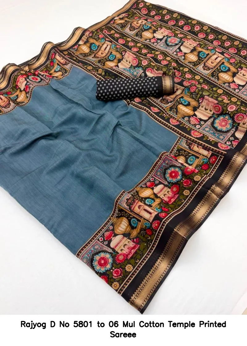 Rajyog D No 5801 to 06 Mul Cotton Temple Printed Sareee - Image 12