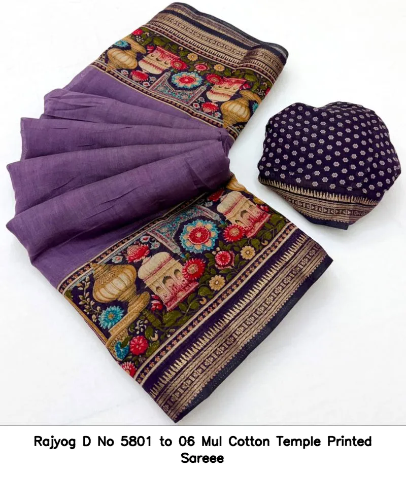 Rajyog D No 5801 to 06 Mul Cotton Temple Printed Sareee - Image 14