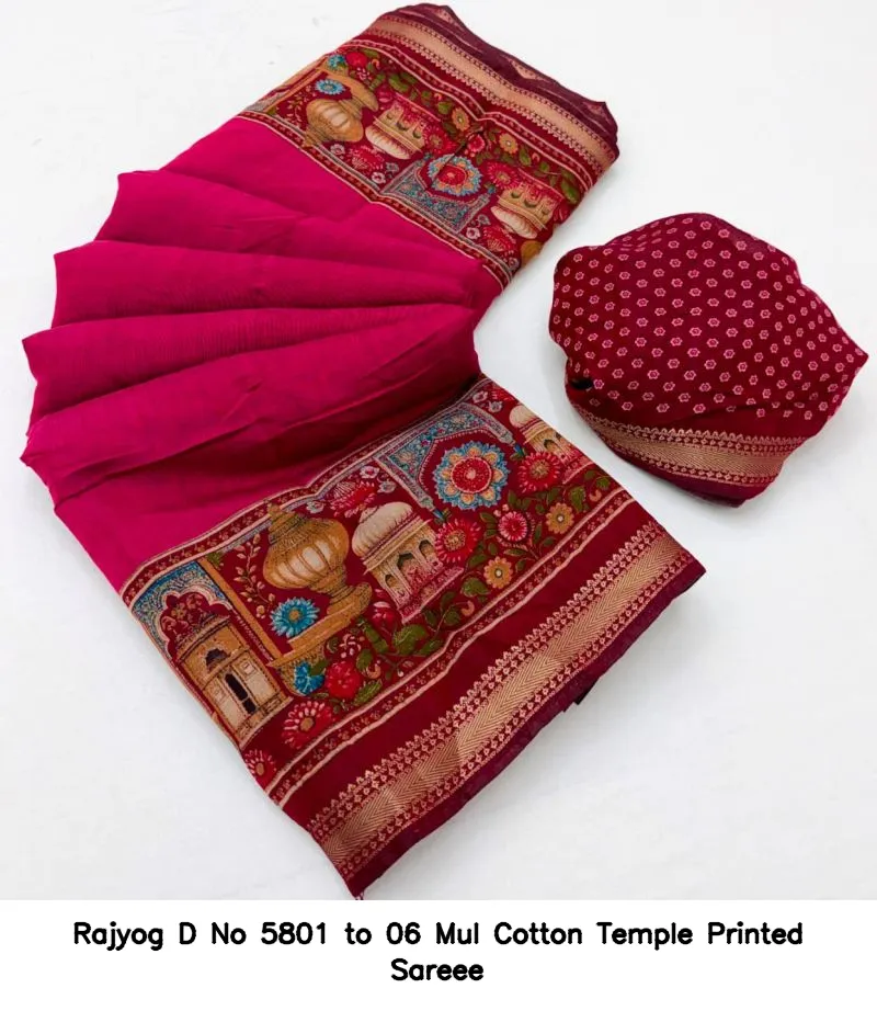 Rajyog D No 5801 to 06 Mul Cotton Temple Printed Sareee - Image 2