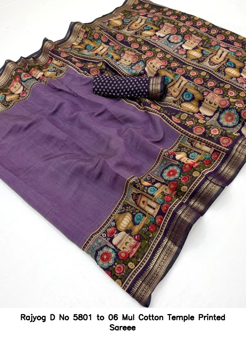 Rajyog D No 5801 to 06 Mul Cotton Temple Printed Sareee - Image 3