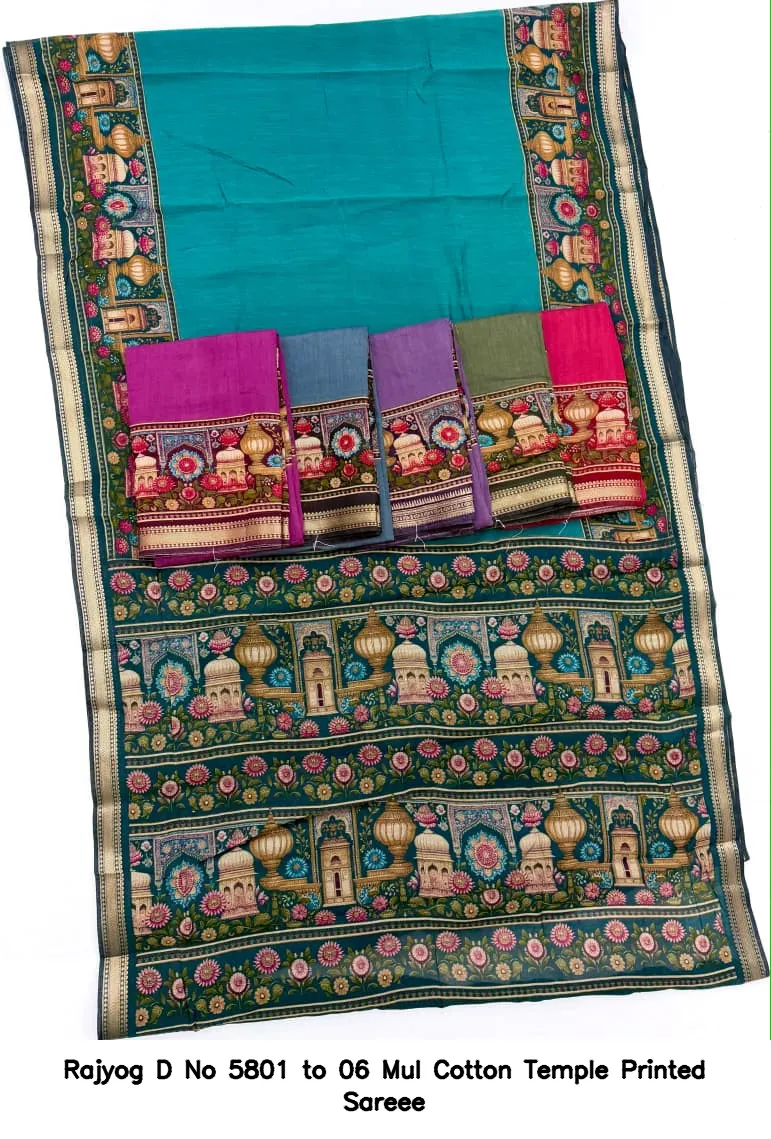 Rajyog D No 5801 to 06 Mul Cotton Temple Printed Sareee - Image 4