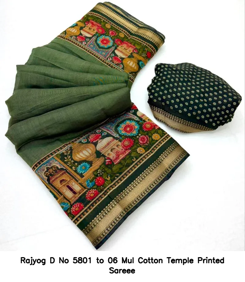 Rajyog D No 5801 to 06 Mul Cotton Temple Printed Sareee - Image 9