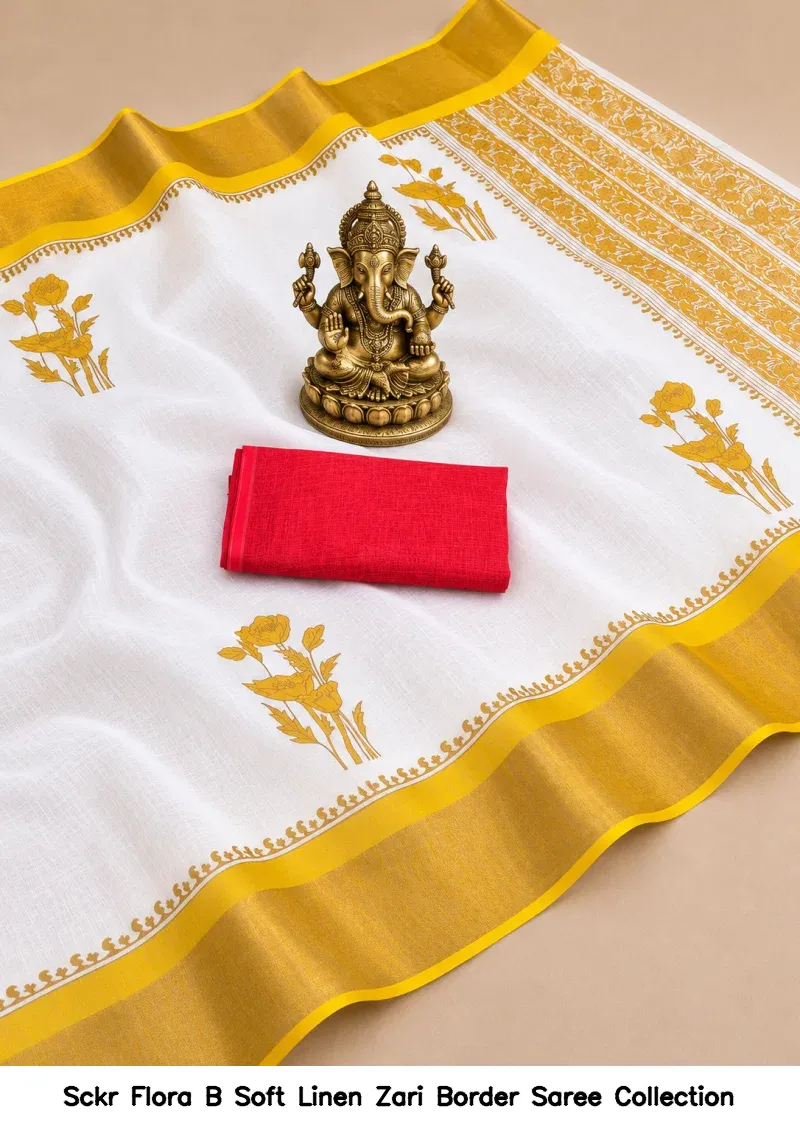 Sckr Flora B Soft Linen Zari Border Saree Collection - Image 2