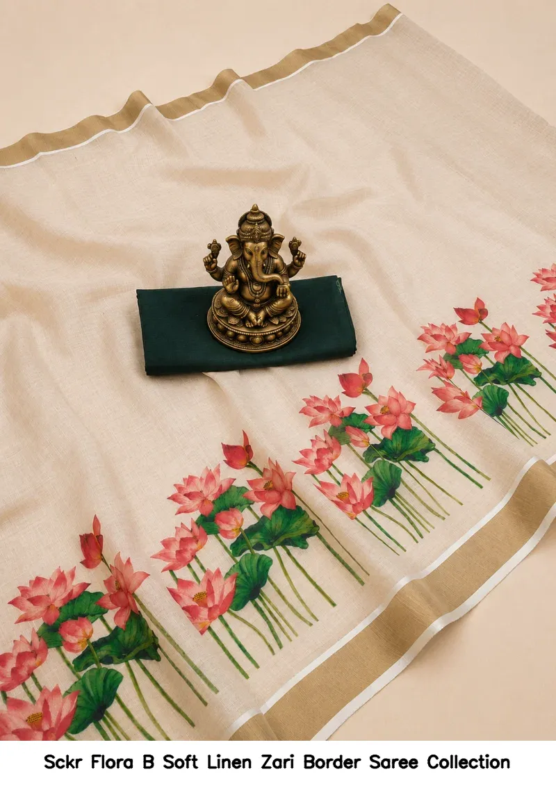 Sckr Flora B Soft Linen Zari Border Saree Collection - Image 3