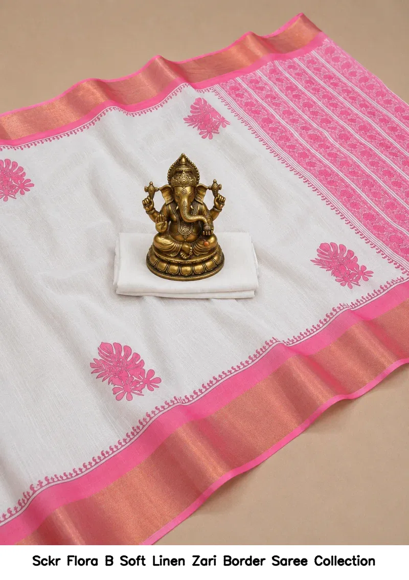 Sckr Flora B Soft Linen Zari Border Saree Collection - Image 5