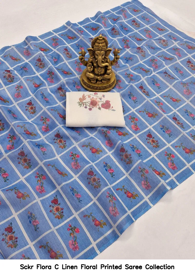 Sckr Flora C Linen Floral Printed Saree Collection - Image 3