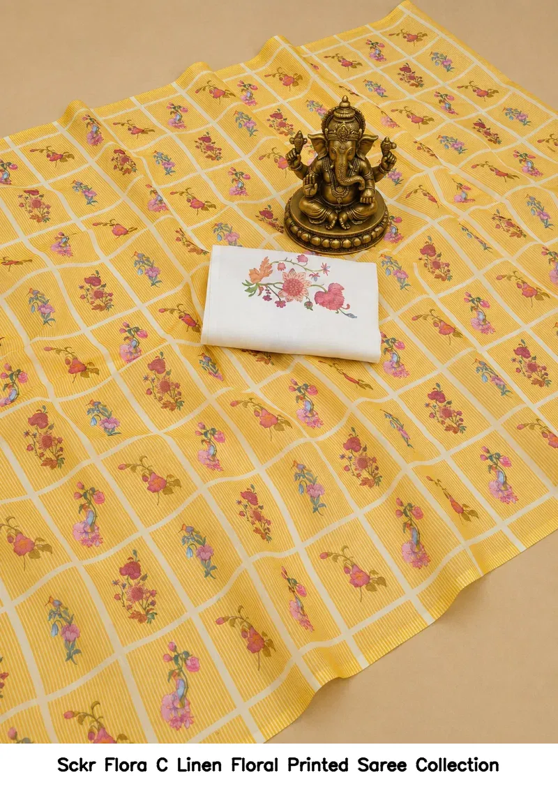 Sckr Flora C Linen Floral Printed Saree Collection - Image 4