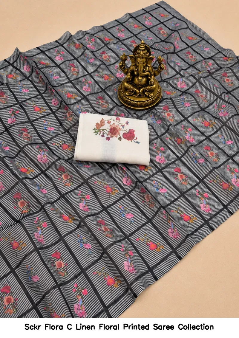 Sckr Flora C Linen Floral Printed Saree Collection - Image 6