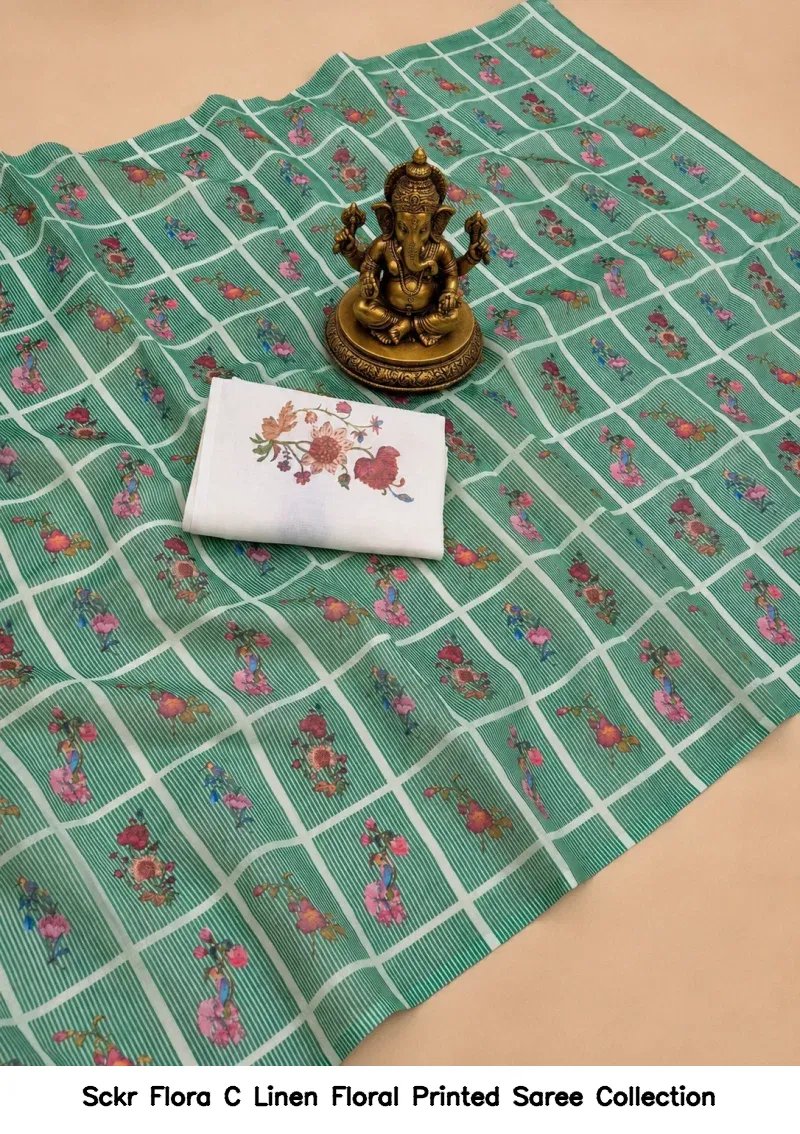 Sckr Flora C Linen Floral Printed Saree Collection - Image 7