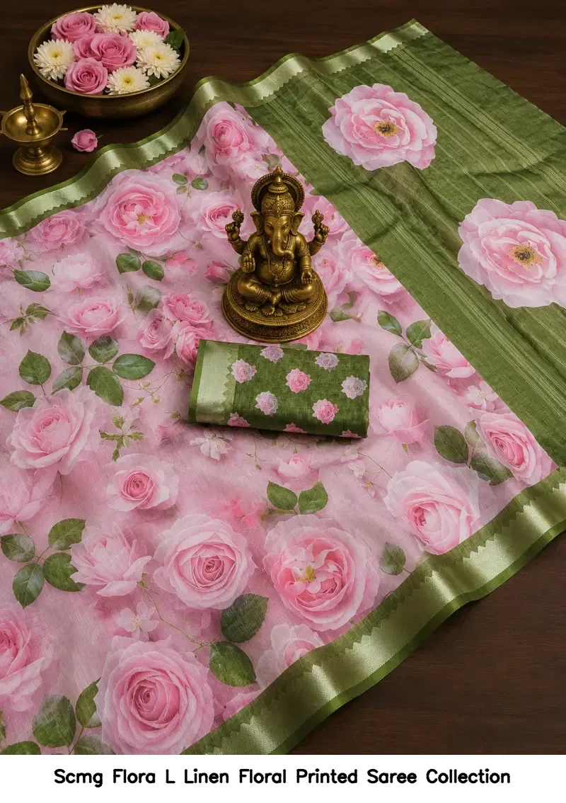 Scmg Flora L Linen Floral Printed Saree Collection