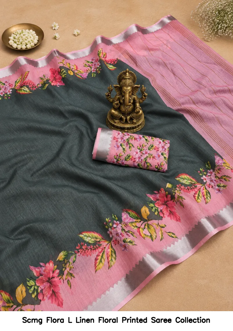 Scmg Flora L Linen Floral Printed Saree Collection - Image 2