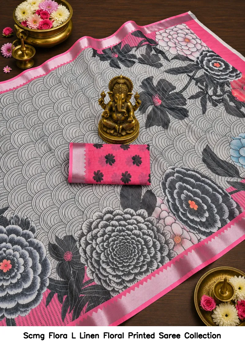 Scmg Flora L Linen Floral Printed Saree Collection - Image 3