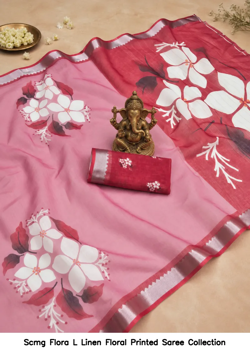 Scmg Flora L Linen Floral Printed Saree Collection - Image 4