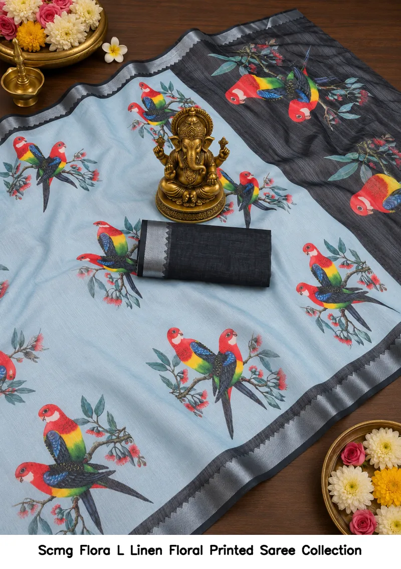 Scmg Flora L Linen Floral Printed Saree Collection - Image 6