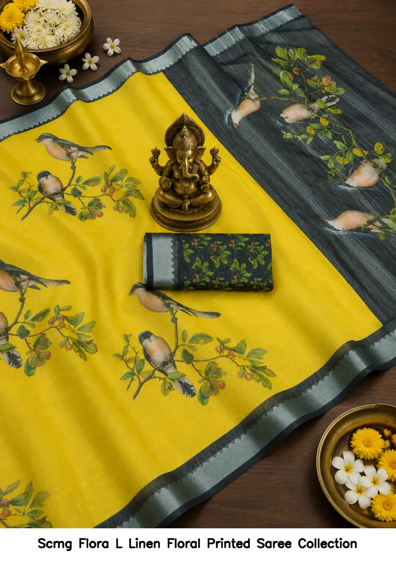 Scmg Flora L Linen Floral Printed Saree Collection - Image 7