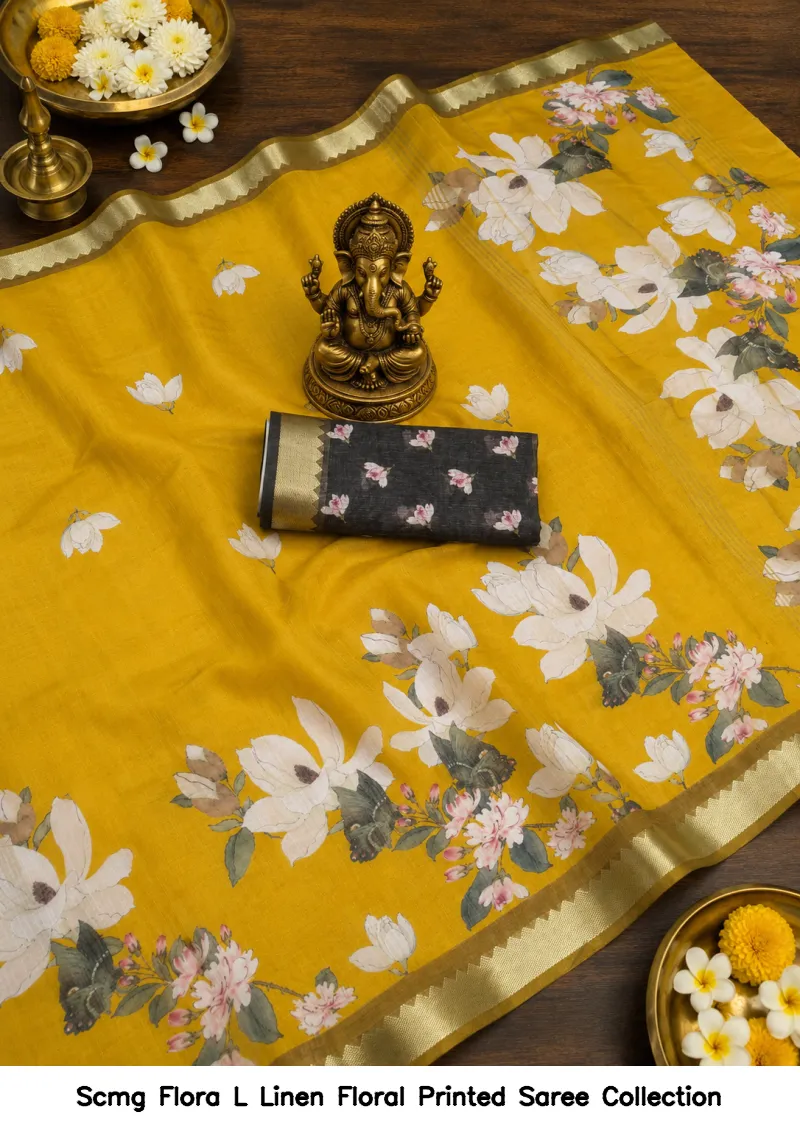 Scmg Flora L Linen Floral Printed Saree Collection - Image 8