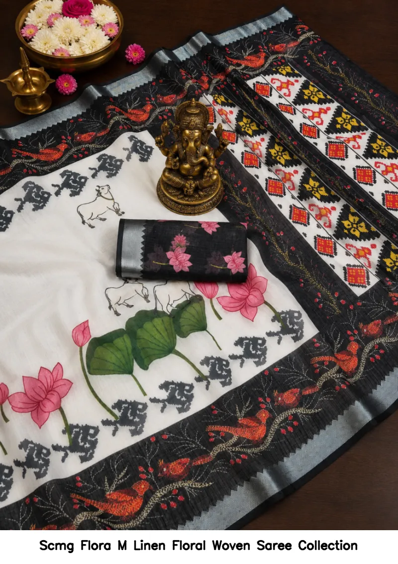Scmg Flora M Linen Floral Woven Saree Collection - Image 10