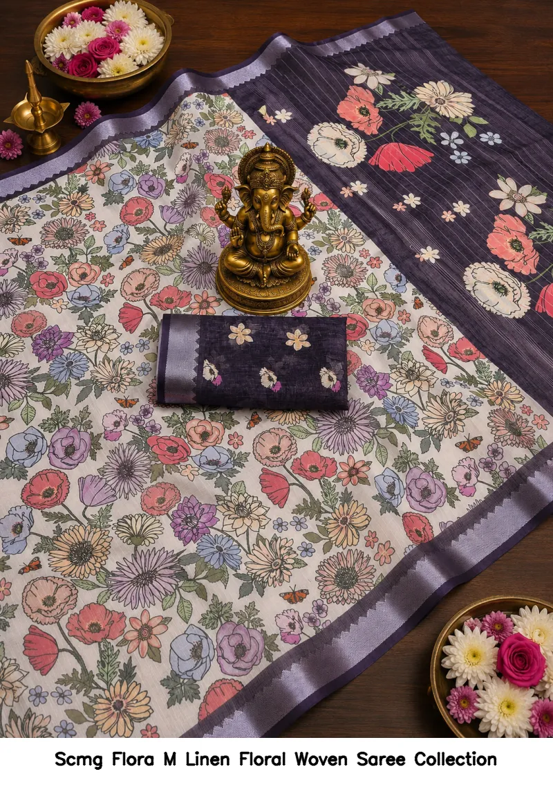 Scmg Flora M Linen Floral Woven Saree Collection - Image 2