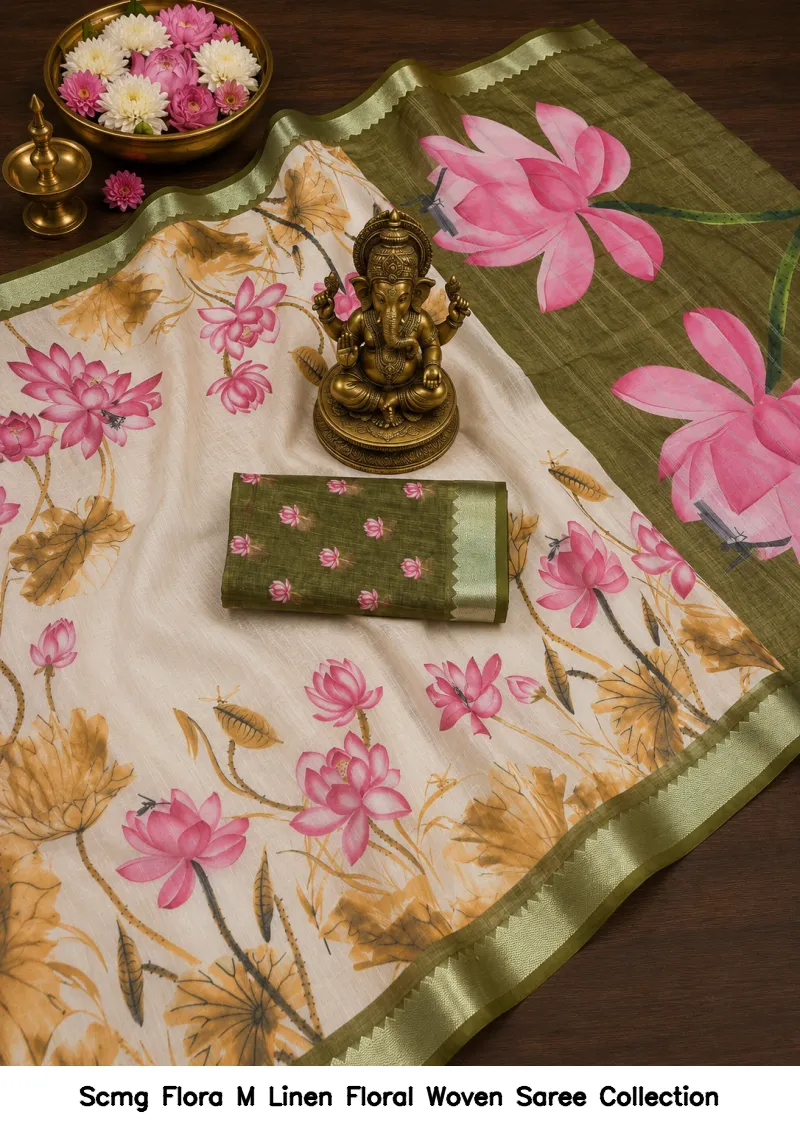 Scmg Flora M Linen Floral Woven Saree Collection - Image 4