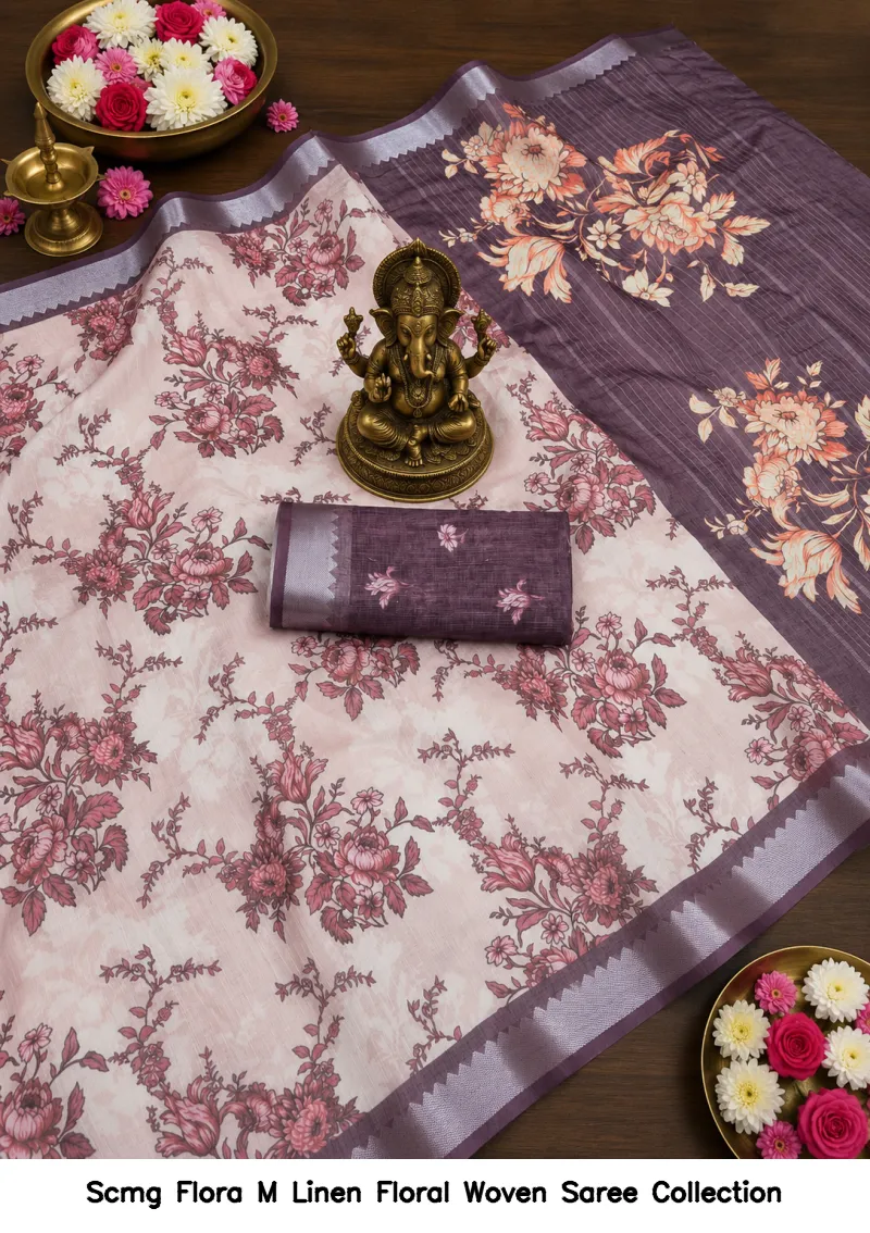 Scmg Flora M Linen Floral Woven Saree Collection - Image 9