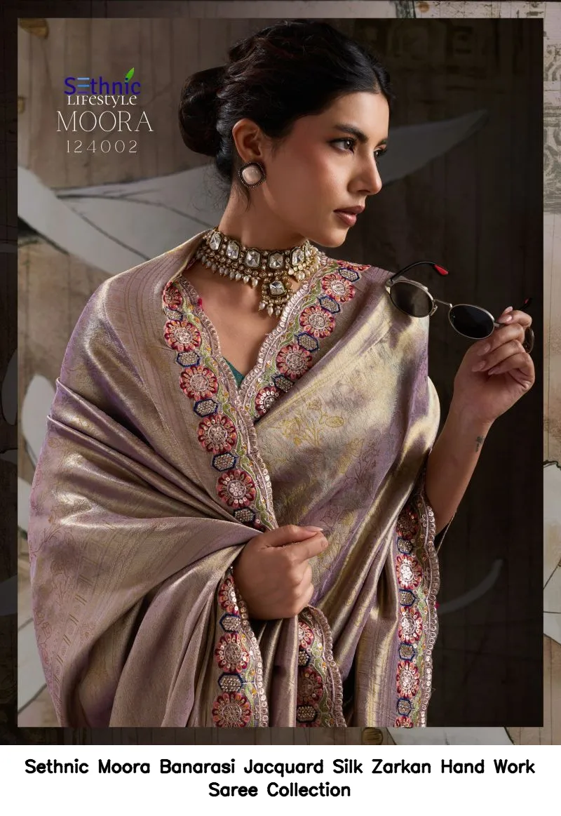 Sethnic Moora Banarasi Jacquard Silk Zarkan Hand Work Saree Collection - Image 11
