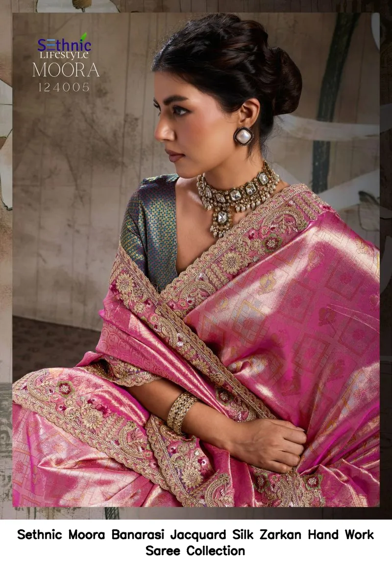 Sethnic Moora Banarasi Jacquard Silk Zarkan Hand Work Saree Collection - Image 2