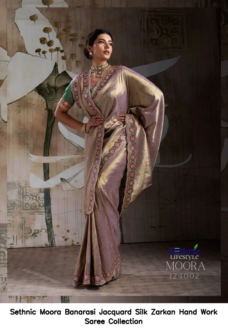 Sethnic Moora Banarasi Jacquard Silk Zarkan Hand Work Saree Collection - Image 3