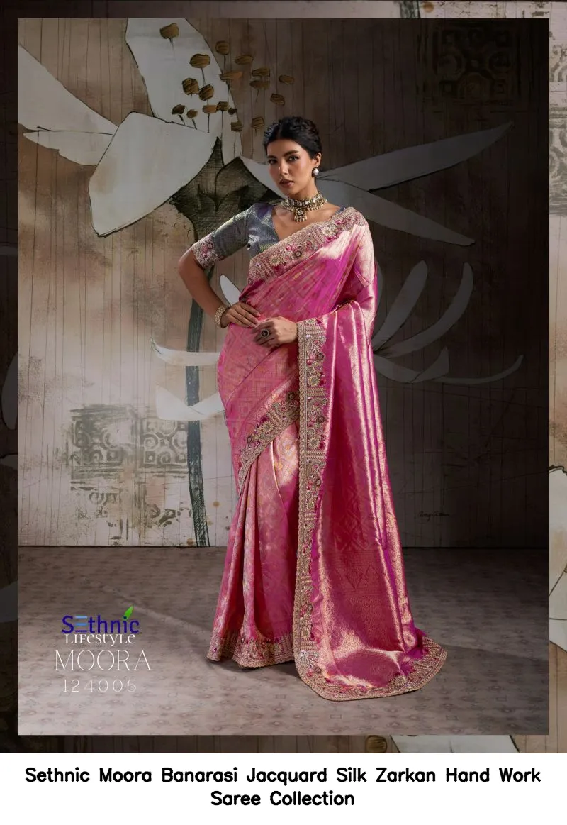 Sethnic Moora Banarasi Jacquard Silk Zarkan Hand Work Saree Collection - Image 4