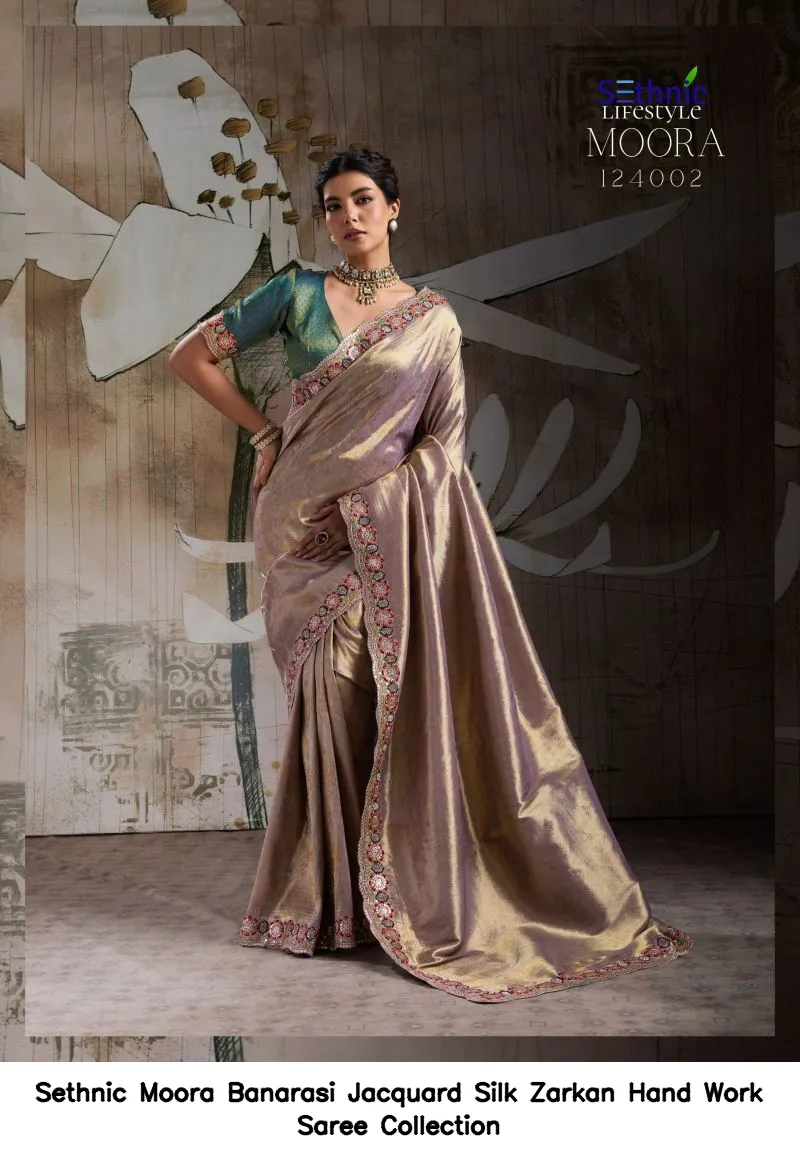 Sethnic Moora Banarasi Jacquard Silk Zarkan Hand Work Saree Collection - Image 5