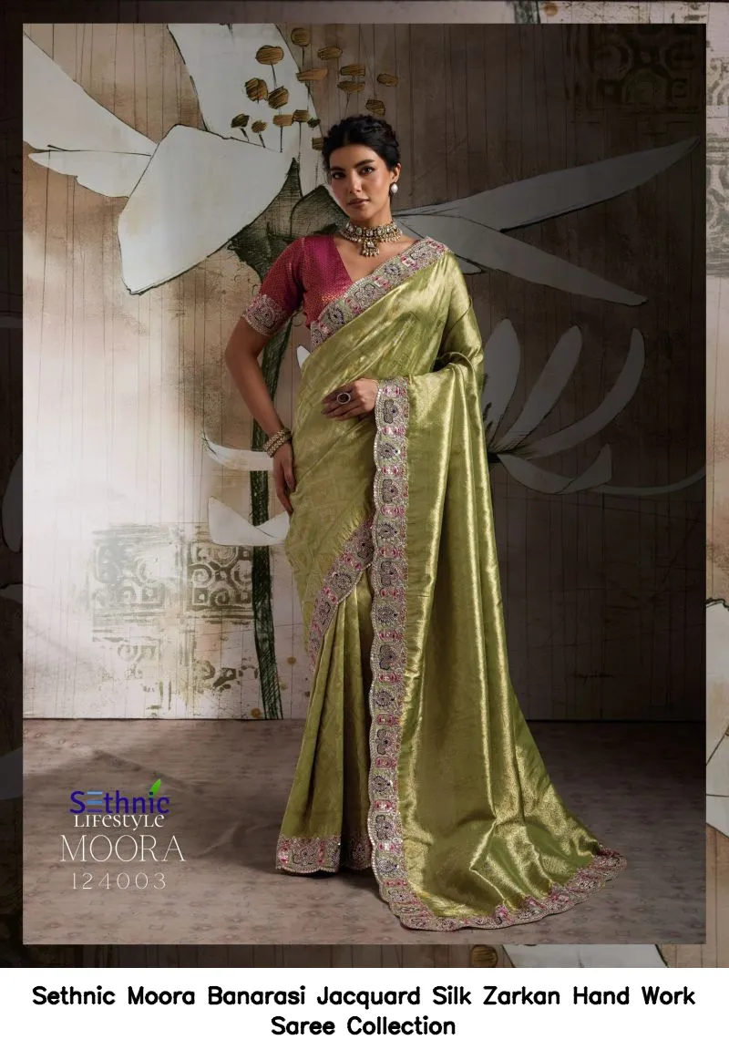 Sethnic Moora Banarasi Jacquard Silk Zarkan Hand Work Saree Collection - Image 6