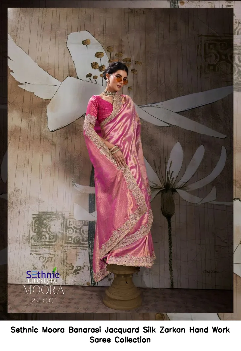 Sethnic Moora Banarasi Jacquard Silk Zarkan Hand Work Saree Collection - Image 7