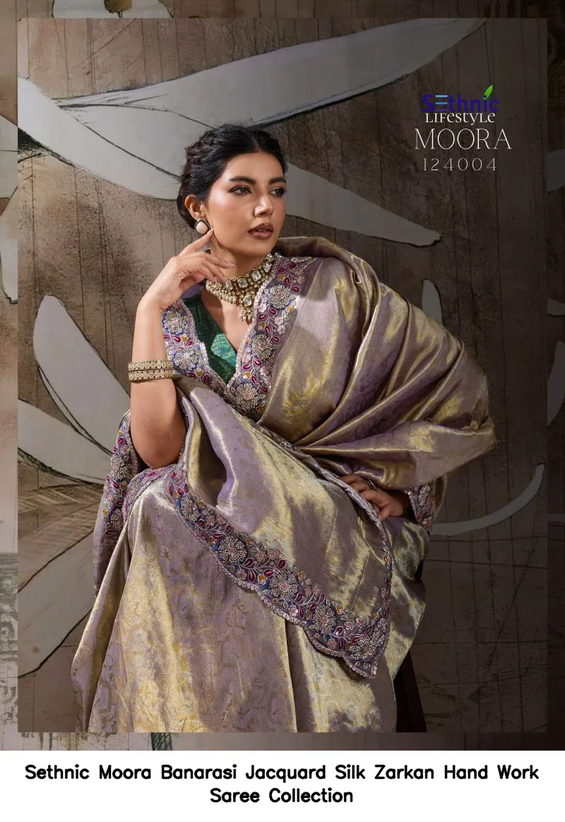 Sethnic Moora Banarasi Jacquard Silk Zarkan Hand Work Saree Collection - Image 8