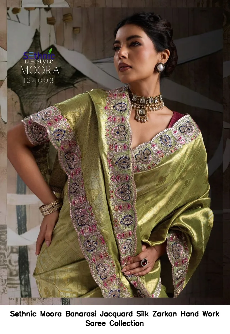 Sethnic Moora Banarasi Jacquard Silk Zarkan Hand Work Saree Collection - Image 9