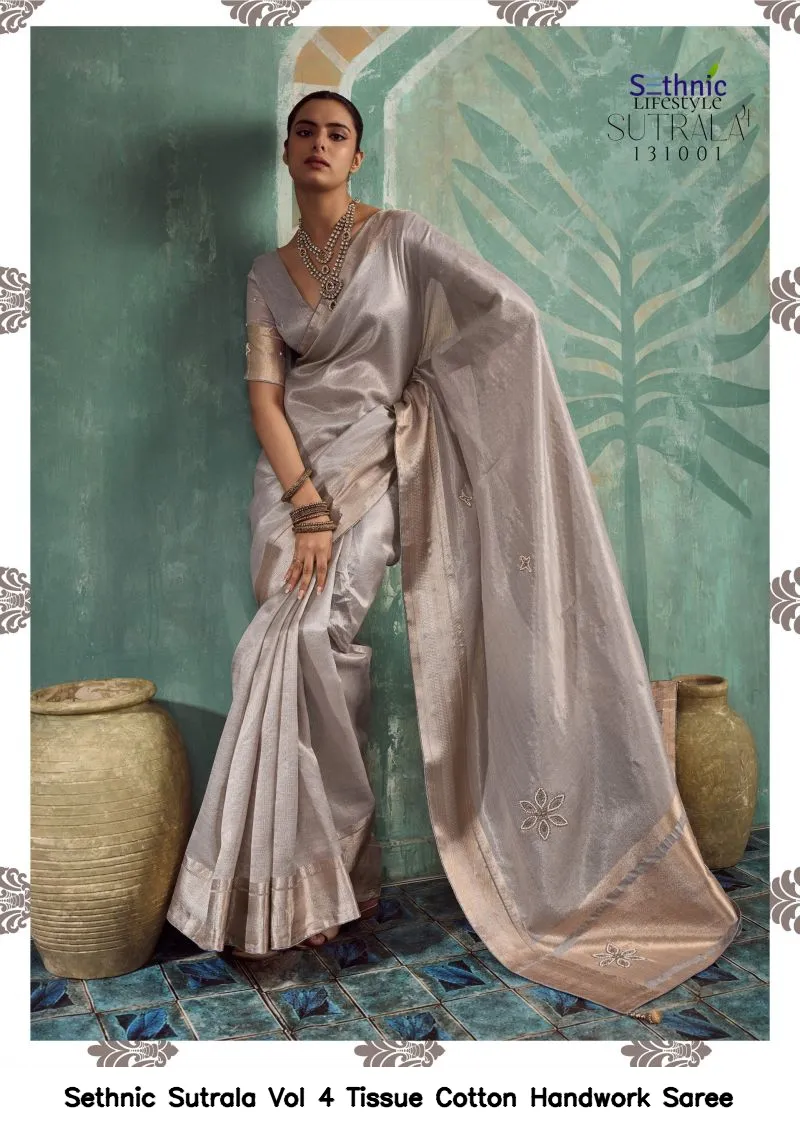 Sethnic Sutrala Vol 4 Tissue Cotton Handwork Saree - Image 10
