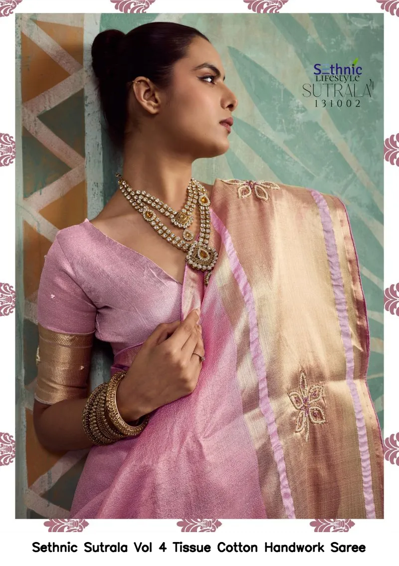 Sethnic Sutrala Vol 4 Tissue Cotton Handwork Saree - Image 11