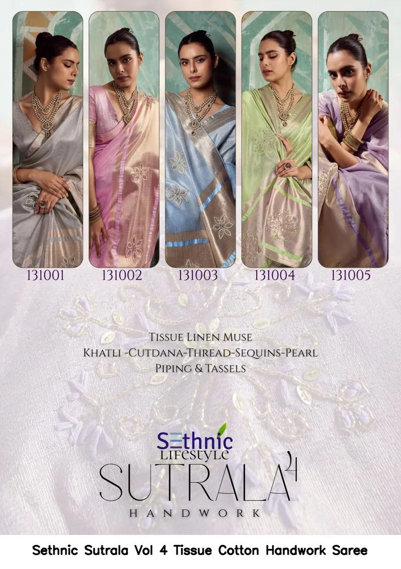 Sethnic Sutrala Vol 4 Tissue Cotton Handwork Saree - Image 12