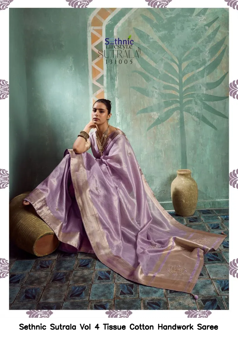 Sethnic Sutrala Vol 4 Tissue Cotton Handwork Saree - Image 2
