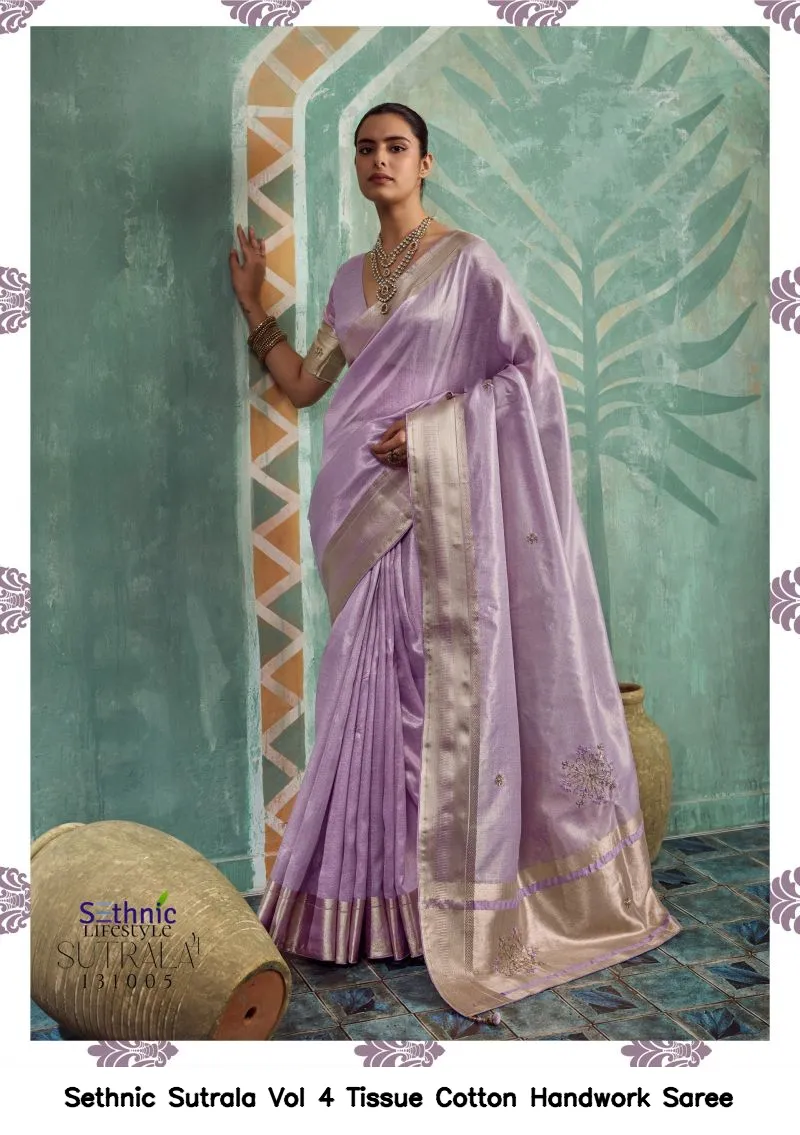 Sethnic Sutrala Vol 4 Tissue Cotton Handwork Saree - Image 3