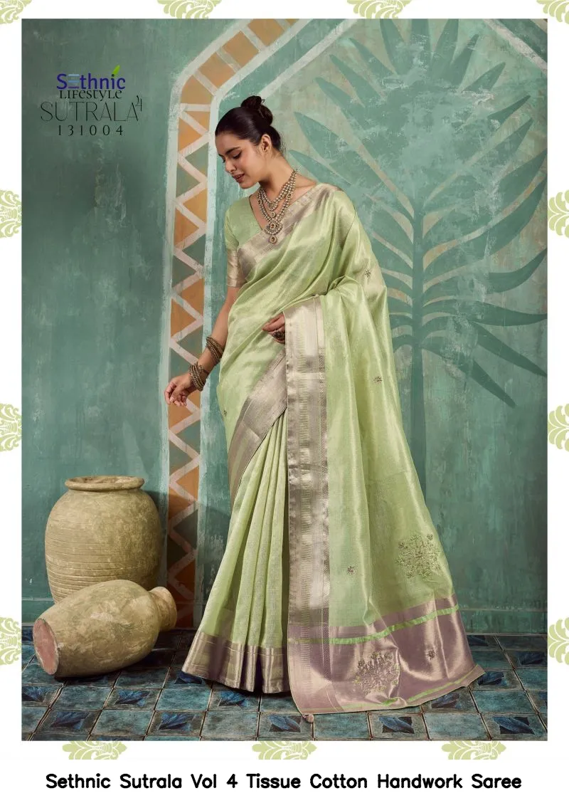 Sethnic Sutrala Vol 4 Tissue Cotton Handwork Saree - Image 4