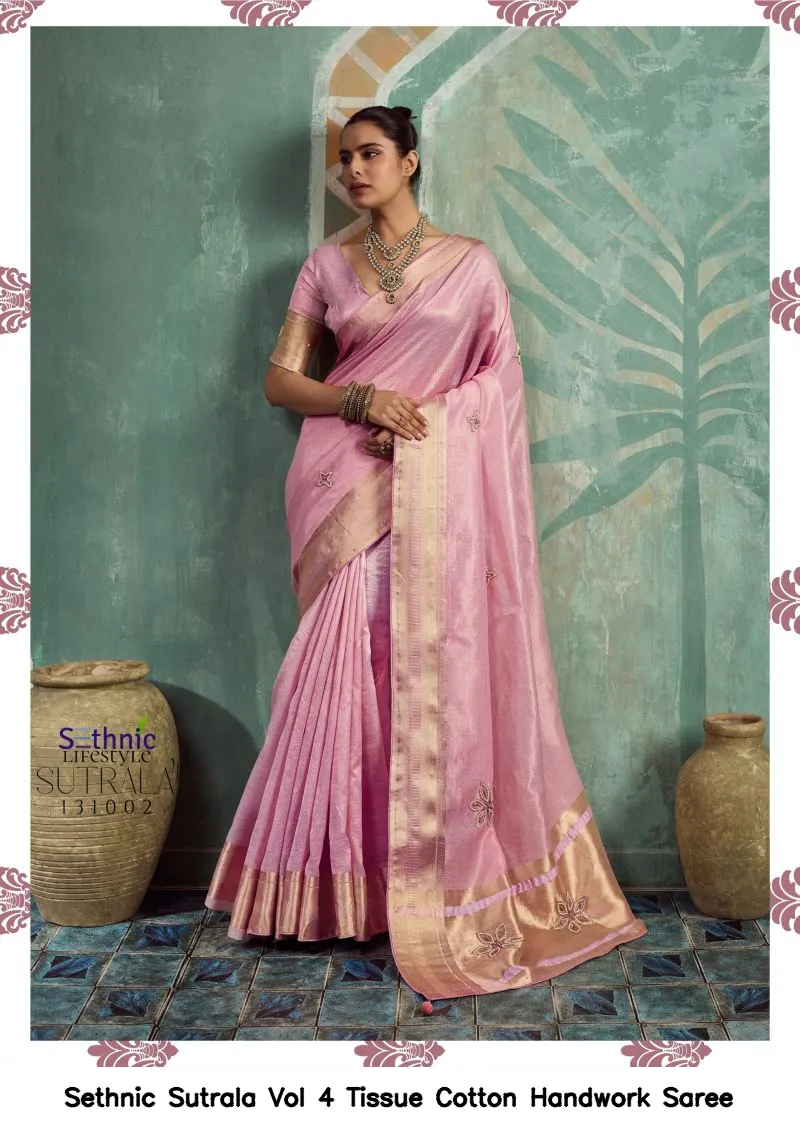 Sethnic Sutrala Vol 4 Tissue Cotton Handwork Saree - Image 5