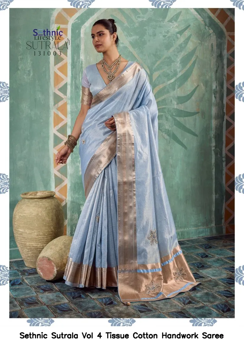 Sethnic Sutrala Vol 4 Tissue Cotton Handwork Saree - Image 6