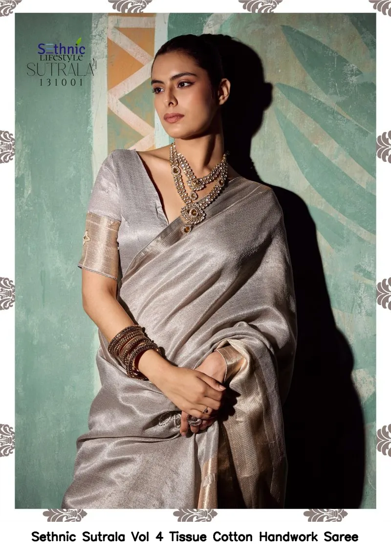 Sethnic Sutrala Vol 4 Tissue Cotton Handwork Saree - Image 7