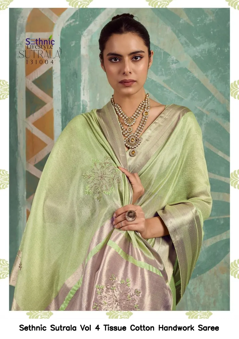Sethnic Sutrala Vol 4 Tissue Cotton Handwork Saree - Image 8