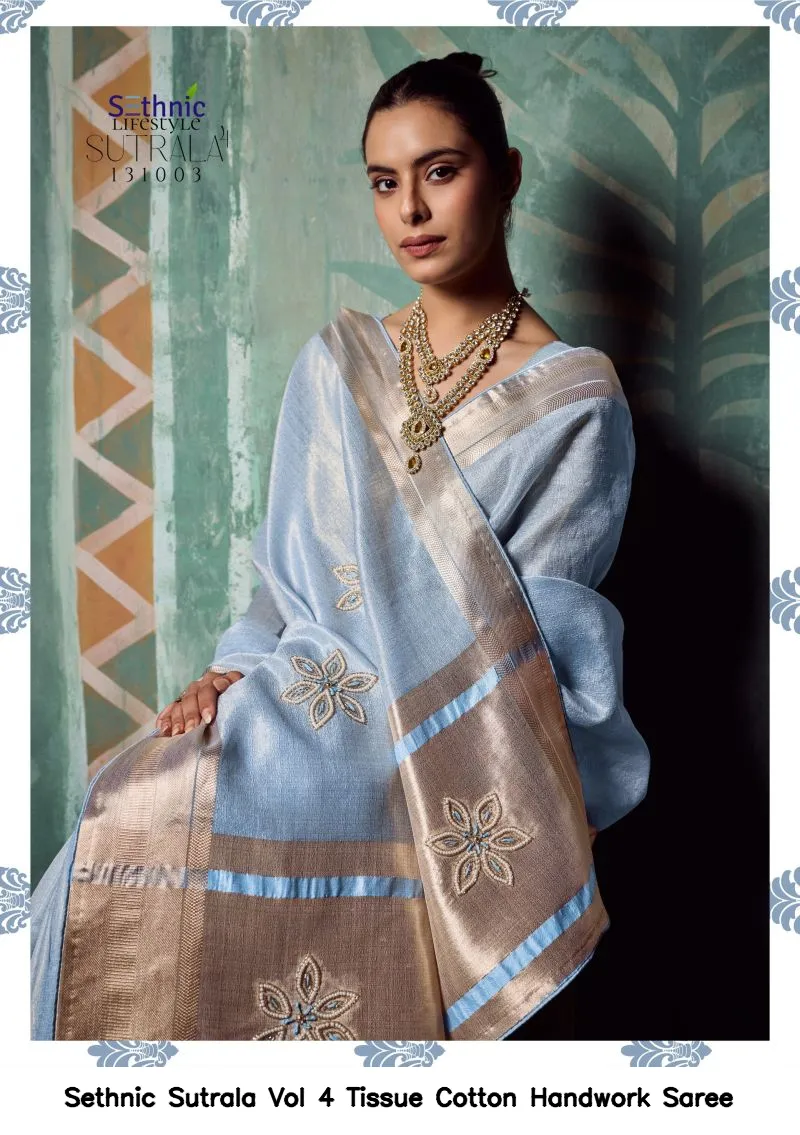 Sethnic Sutrala Vol 4 Tissue Cotton Handwork Saree - Image 9